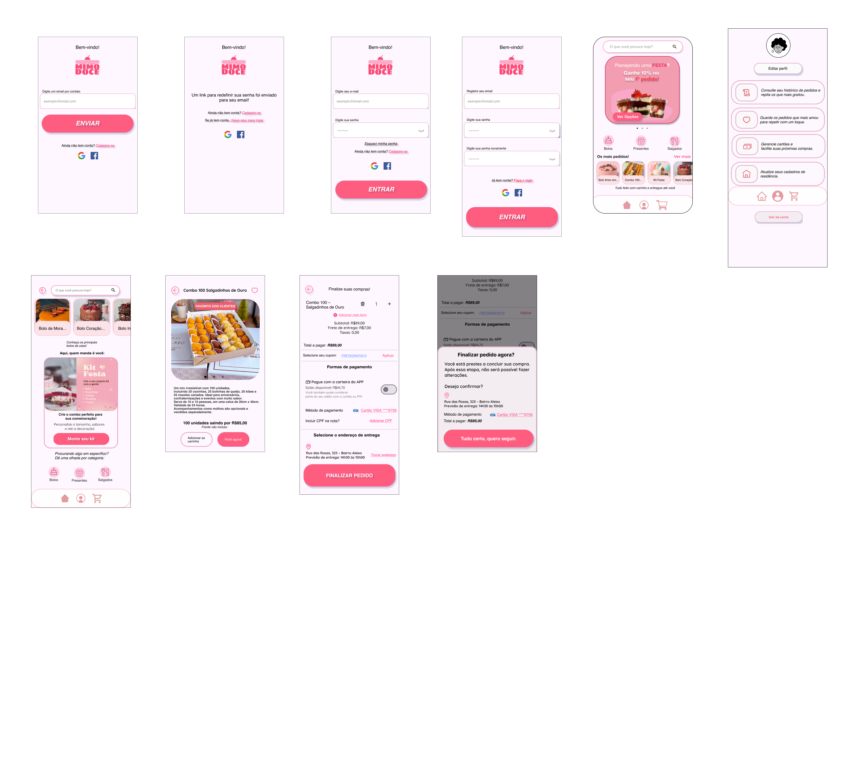 Board of eleven finished Mimo Doce app screens: sign-in, sign-up and password recovery, the home feed with a "Ganhe 10% no seu 1º pedido" banner and a "Os mais pedidos" carousel, category browsing, the "Kit Festa" builder promo, a product page for the Combo 100 Salgadinhos de Ouro, cart and checkout with payment methods and delivery address, an order confirmation dialog, and the account screen.